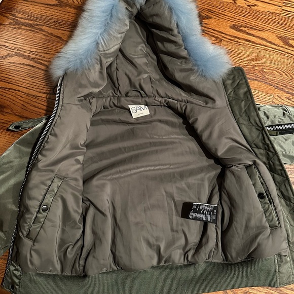 SAM jacket green bomber size XS with blue faux fur hood - Picture 3 of 4
